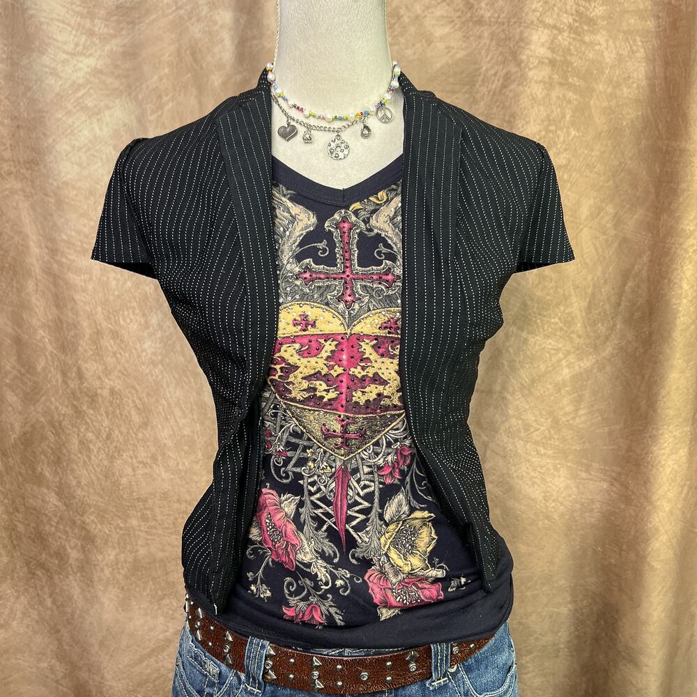 Wet Seal Bolero Jacket Pinstripe Cropped Black Puff Sleeve Vintage Y2K Indie